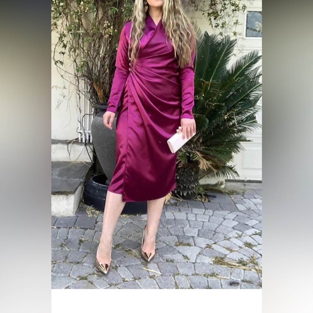 Maroon Pink satin dress with gold buttons